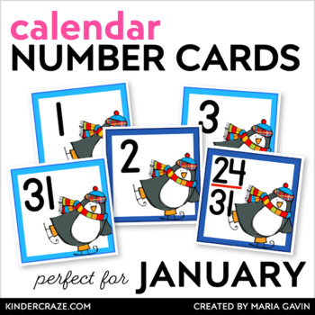 Preview of January Calendar Numbers - Penguin Theme Number Cards for Center Activities