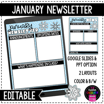 Preview of January Classroom Newsletter Template - EDITABLE - Printable & Digital