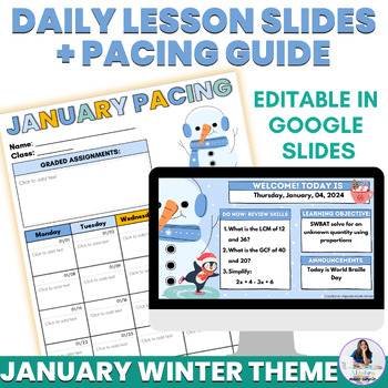 Preview of January Daily Lesson Agenda Slides Editable Pacing Guide Winter New Year Theme