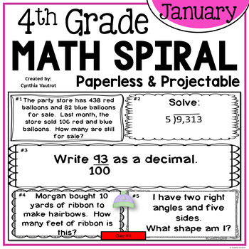 Preview of January Daily Math Spiral for 4th Grade | Projectable and Paperless