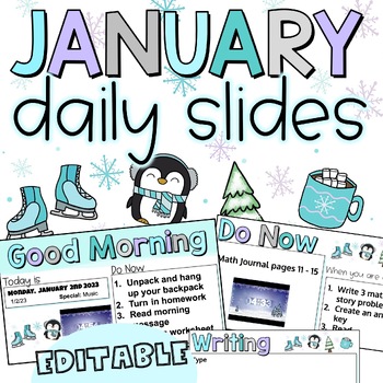 Preview of January Daily Slides with Timers | Winter Themed Slides