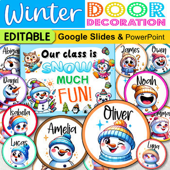 Preview of January Door Decorations Winter Bulletin Board Kit, Snowman Name Tags Editable