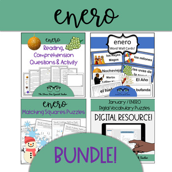 Preview of January ENERO BUNDLE Word Wall, Comprehensible Input Reading Practice & Puzzles!