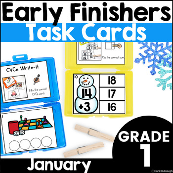 Preview of January Early Finisher Activity Phonics and Math Task Card Boxes for 1st Grade