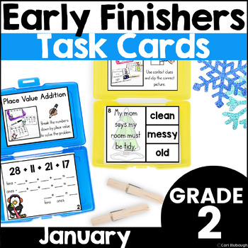 Preview of January Early Finisher Phonics and Math Activity Task Card Boxes for 2nd Grade