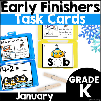 Preview of January Early Finisher Activity Phonics & Math Task Card Boxes for Kindergarten