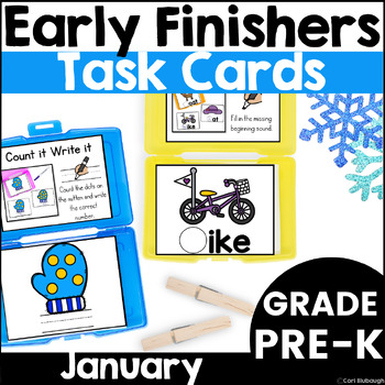 Preview of January Early Finisher Activity Phonics & Math Task Card Boxes for Pre-K Winter