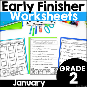Preview of January Early Finisher Winter Phonics, Language, & Math Worksheets for 2nd Grade
