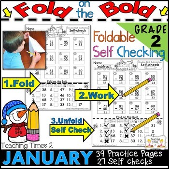 Preview of January FOLD ON THE BOLD (2nd Grade) Self Checking Math and Literacy Packet