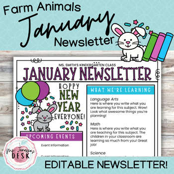 Preview of January Farm Animals Newsletter Template *Editable: Bunny Rabbit