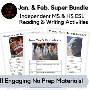 Preview of January & February Middle & High School ESL No Prep Sub Activity Bundle & Bonus