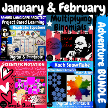 Preview of January February Winter Math Bundle New Years Martin Luther King Valentines Day