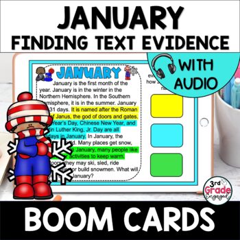 Preview of January Finding Citing Text Evidence Reading Boom Cards Task Cards with Audio