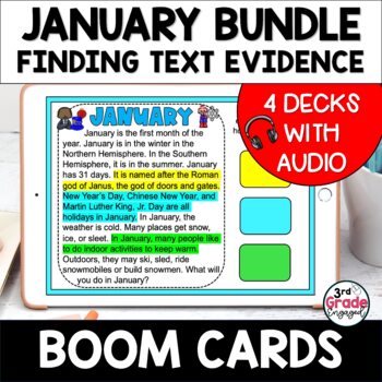 Preview of January Finding Text Evidence Task Cards Digital Reading Boom Cards Bundle