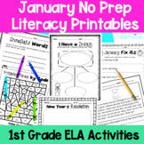 January First Grade No Prep Literacy Worksheet Packet + Tp