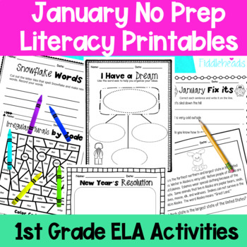 Preview of January First Grade No Prep Literacy Worksheet Packet | Winter Printables