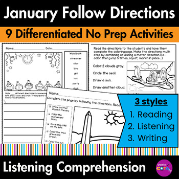 Preview of Following Directions & Listening Comprehension Skills January Coloring Pages