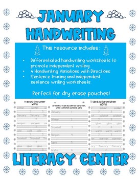 Preview of January Handwriting Literacy Center | Winter Handwriting | Literacy Center