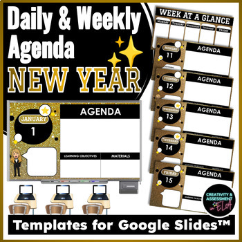 Preview of January Happy New Year 2024 Daily Weekly Agenda Template for Google Slide™