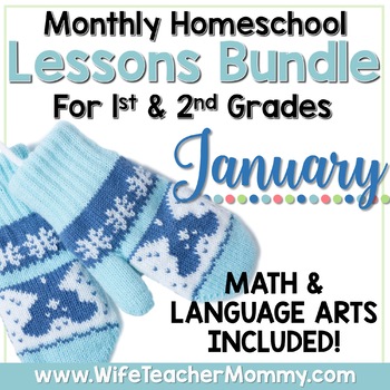Preview of January Homeschool Lessons 1st and 2nd Grade Math & Language Arts Mini Bundle
