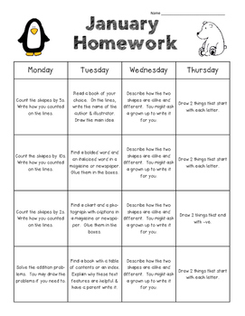 Preview of January Kindergarten Homework Packet