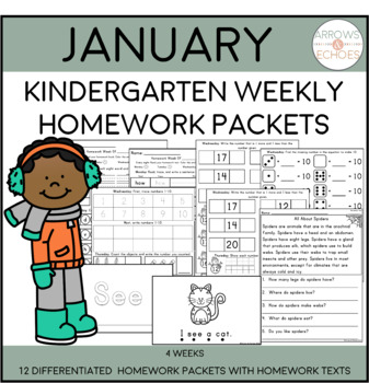 Preview of January Kindergarten Weekly Homework Packets