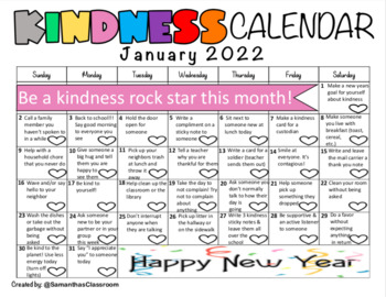 January 2022 Kindness Calendar (Editable) By Samanthasclassroom | Tpt