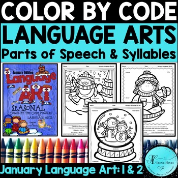 Preview of January Color By Code Parts of Speech & Syllables Worksheets For 1st, 2nd Grade
