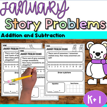 Preview of Winter Math Center with Addition and Subtraction Word Problems