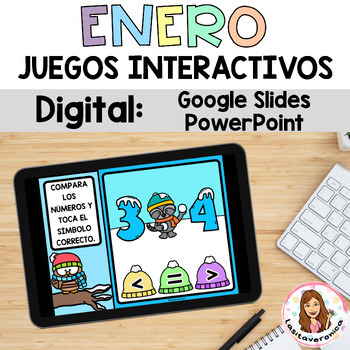 Preview of January Math & Literacy Digital Games. Juegos interactivos Spanish. Invierno