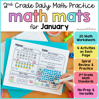 Preview of January Math Spiral Review Worksheets - Winter & New Year 2nd Grade Morning Work