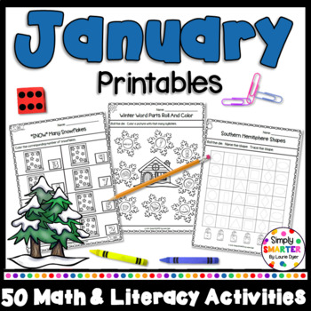 Preview of January Math and Literacy Printables and Activities For Kindergarten