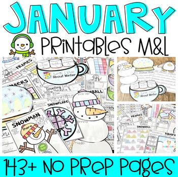 Preview of January Math and Literacy Worksheets Printables Kindergarten Winter