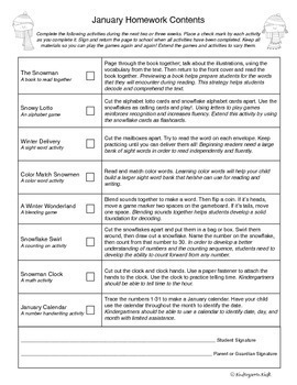 January Monthly Homework Packet: Kindergarten by Kindergarten Kiosk