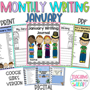 Preview of January Monthly Writing Journal Prompts Unit  New Year 2024 Writing