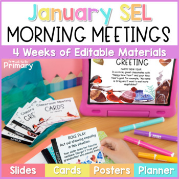 Preview of January Morning Meeting Slides - SEL Activities, Questions, Greetings for Winter