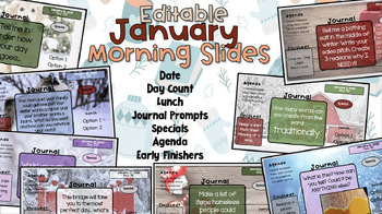 Preview of Editable January Themed Morning Slides for Organized Classroom Positivity