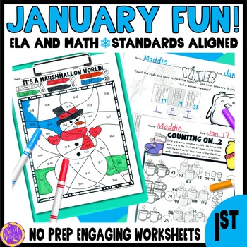 Preview of January Morning Work Math and Literacy Winter Worksheets Puzzles and Word Search