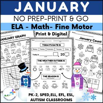 Preview of January Morning Work: New Year 2024, Winter ELA, Math and Fine Motor Activities
