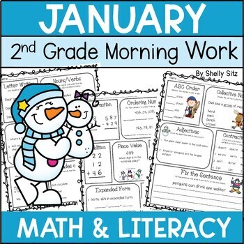Preview of Winter Morning Work for Second Grade - Math and ELA Spiral Review Worksheets