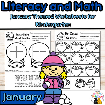Preview of January NO PREP Literacy and Math Worksheets