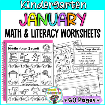 Preview of January No Prep Math and Literacy Printable Worksheets | Kindergarten