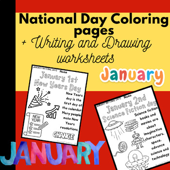 Preview of January National day coloring pages + writing and Drawing worksheets