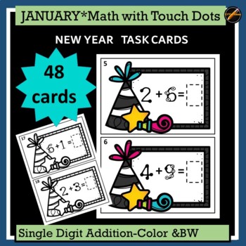 Preview of January New Year Tap the Dots Addition Task Cards: Single Digit
