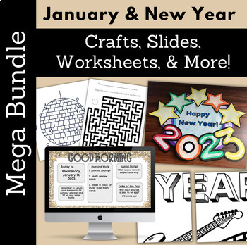Preview of January New Year Winter Crafts Coloring Google Slides Activities Bundle