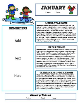 Preview of January Newsletter Template with Home Connections for Preschool