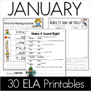 Preview of January No Prep ELA First Grade Winter New Years Printables