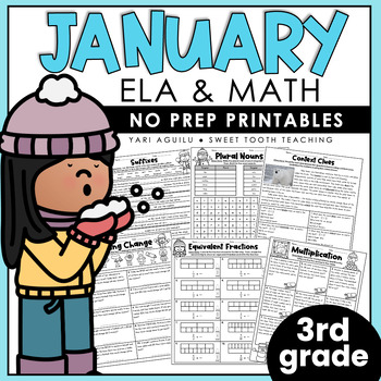 Preview of January No Prep Printables | 3rd Grade Winter Worksheets | Literacy & Math