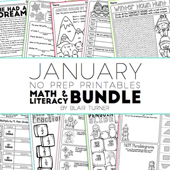 Preview of January NO PREP Printables: Math and Literacy BUNDLE