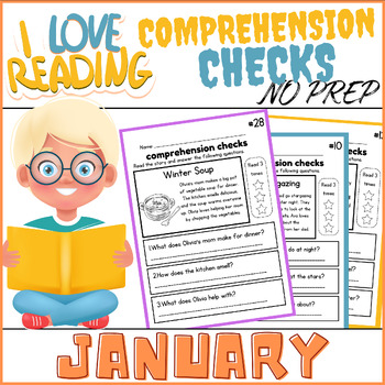 Preview of January No Prep Reading Comprehension Checks:30 Simple Stories for Early Readers